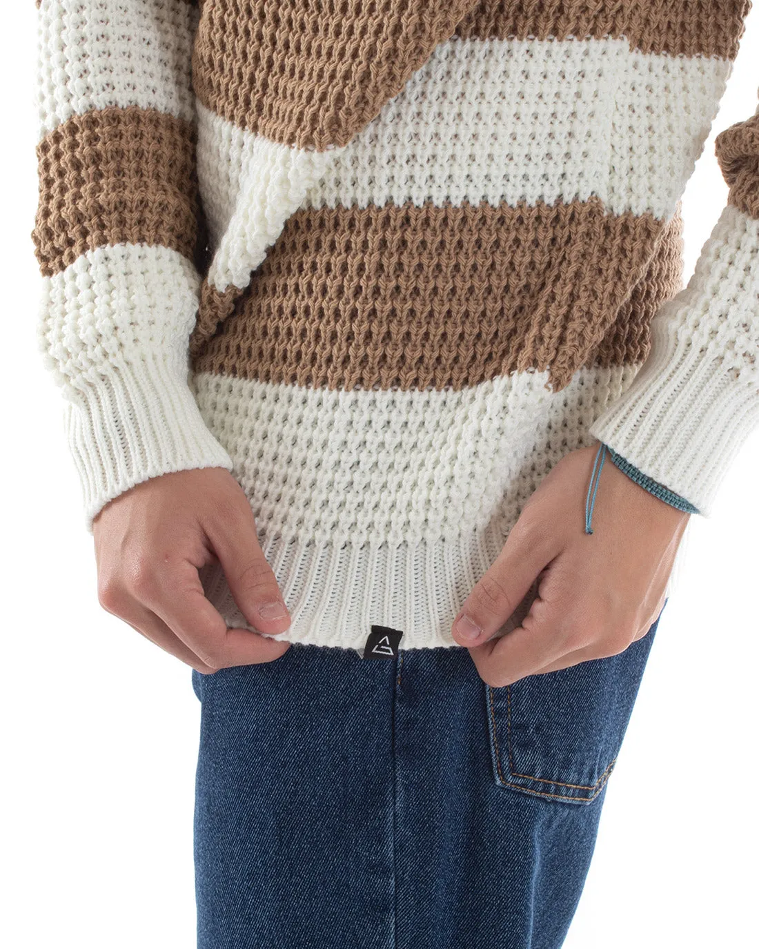 Maglione Uomo Maglioncino Maglia Pullover Rigato Bicolore Girocollo Camel Bianco GIOSAL-M2611A