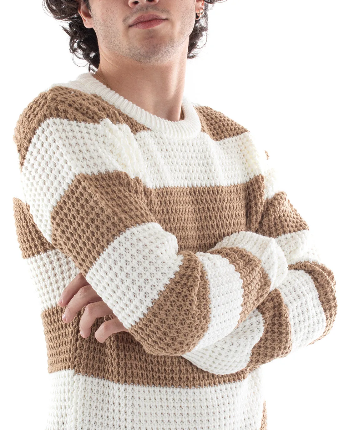 Maglione Uomo Maglioncino Maglia Pullover Rigato Bicolore Girocollo Camel Bianco GIOSAL-M2611A