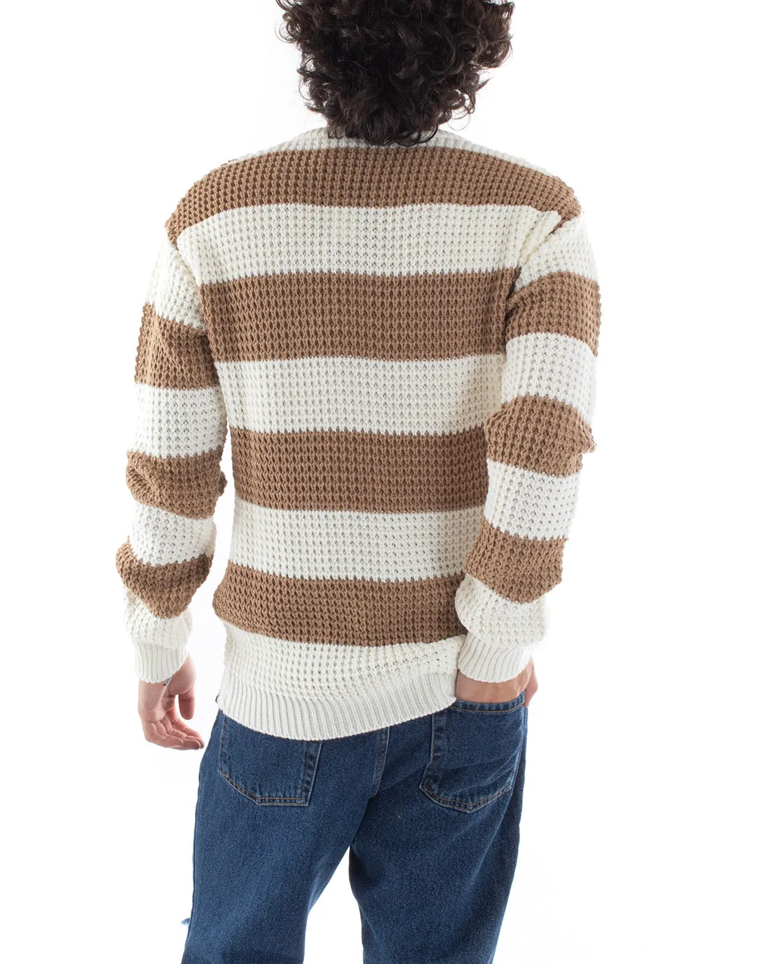 Maglione Uomo Maglioncino Maglia Pullover Rigato Bicolore Girocollo Camel Bianco GIOSAL-M2611A