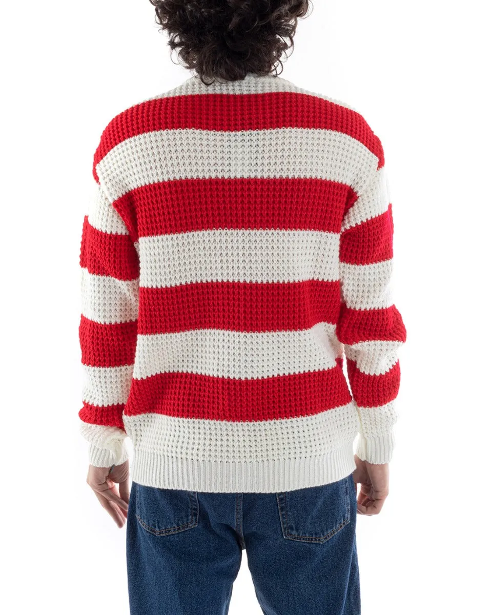 Maglione Uomo Maglioncino Maglia Pullover Rigato Bicolore Girocollo Rosso Bianco GIOSAL-M2609A