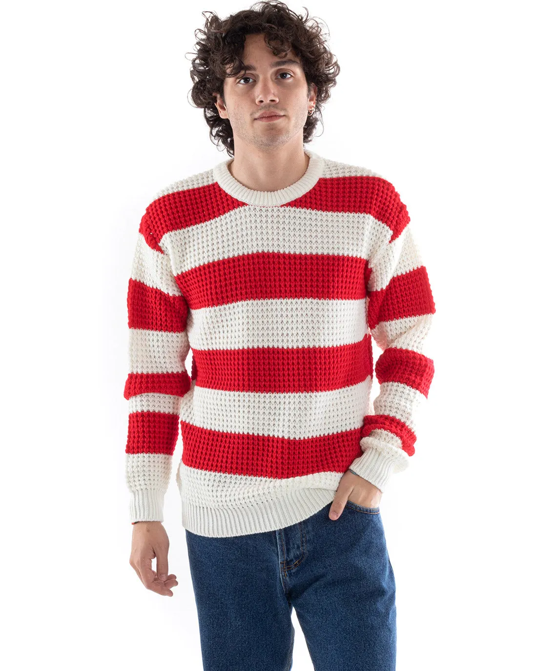 Maglione Uomo Maglioncino Maglia Pullover Rigato Bicolore Girocollo Rosso Bianco GIOSAL-M2609A