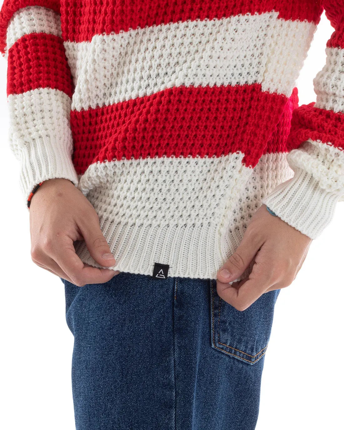 Maglione Uomo Maglioncino Maglia Pullover Rigato Bicolore Girocollo Rosso Bianco GIOSAL-M2609A