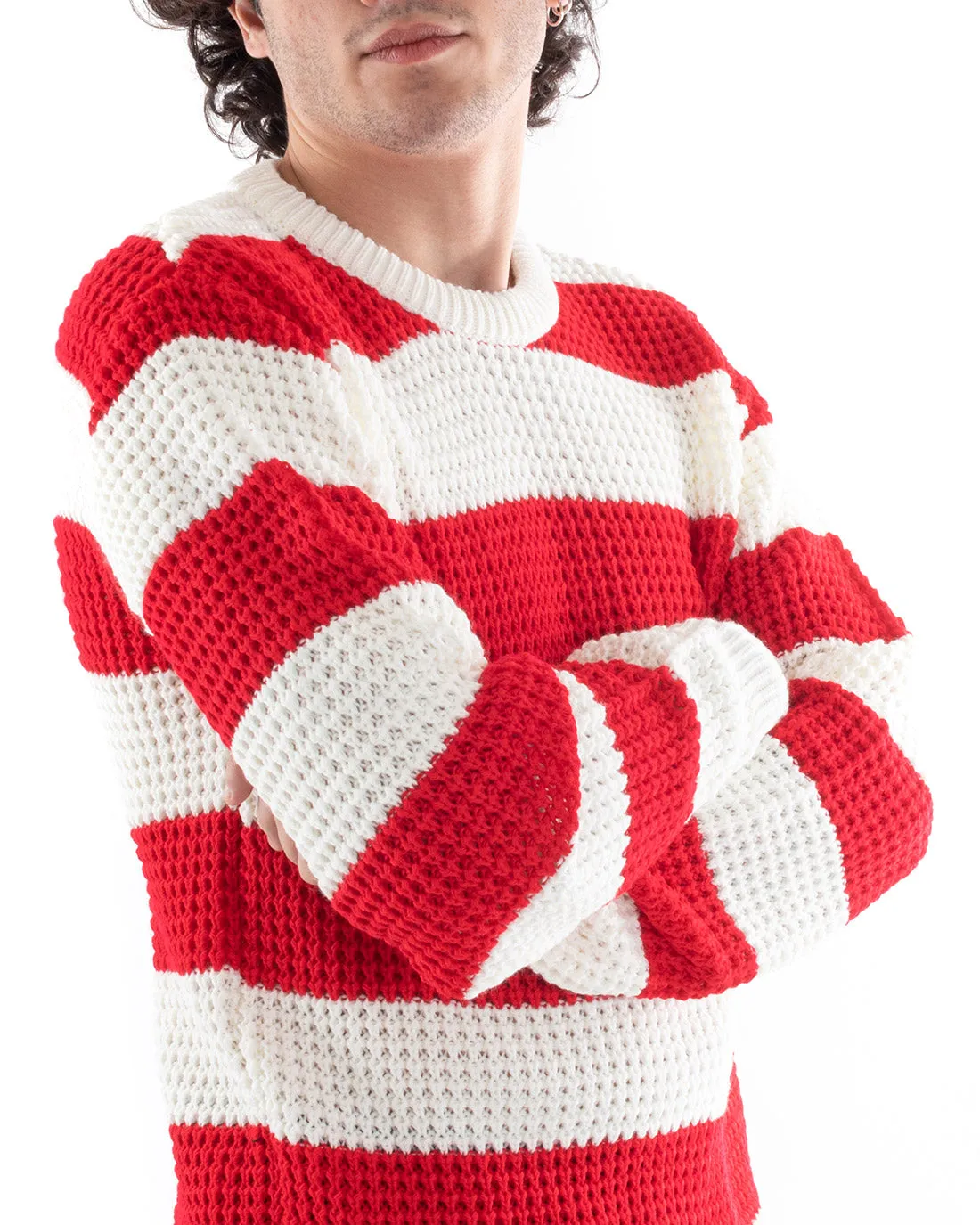 Maglione Uomo Maglioncino Maglia Pullover Rigato Bicolore Girocollo Rosso Bianco GIOSAL-M2609A
