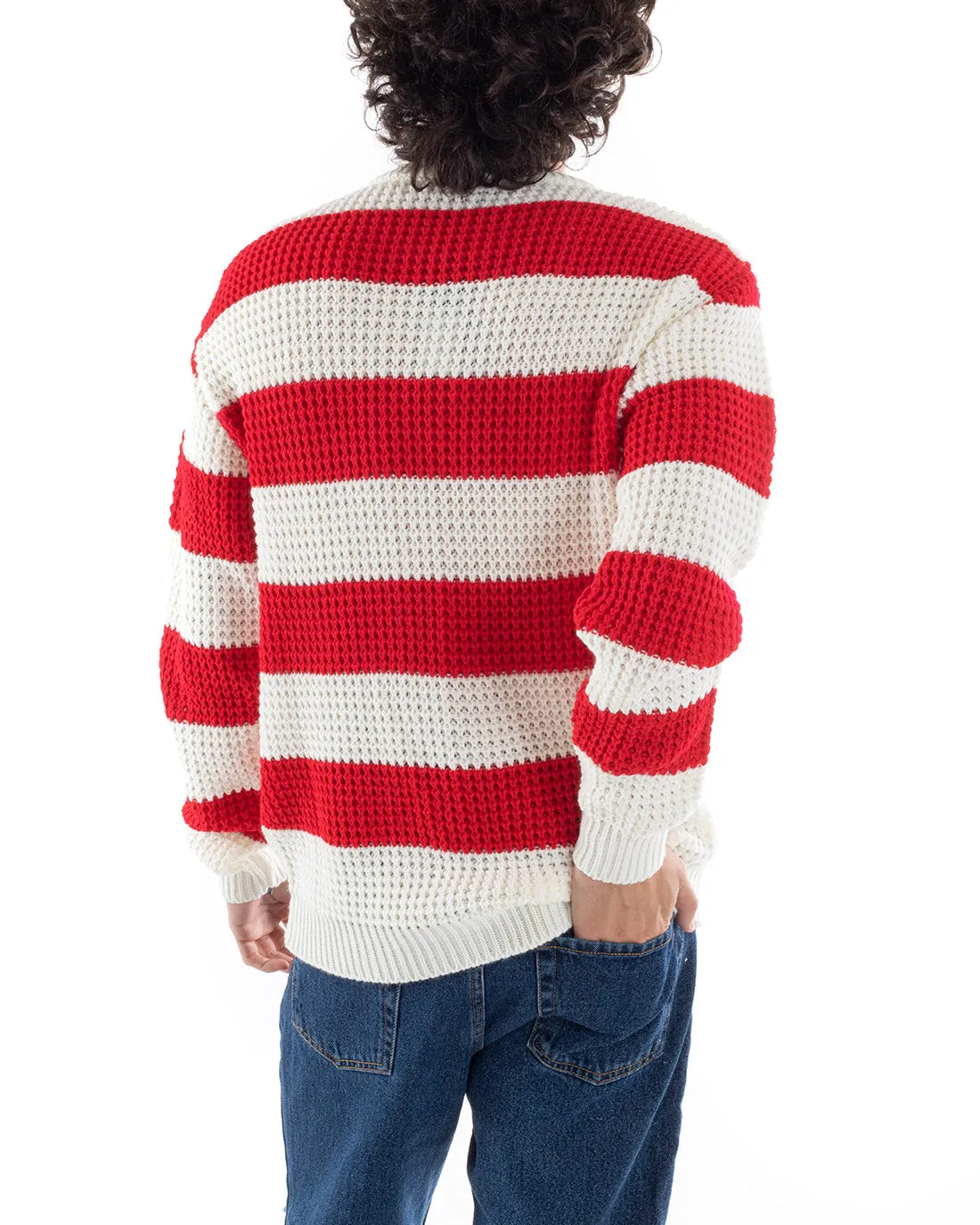 Maglione Uomo Maglioncino Maglia Pullover Rigato Bicolore Girocollo Rosso Bianco GIOSAL-M2609A