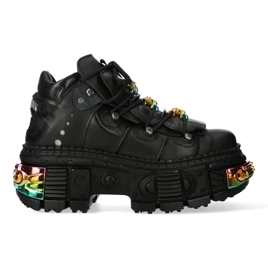 New Rock WALL106-S23 Stivali Neri Unisex Vera Pelle con Piattaforma Emo Goth