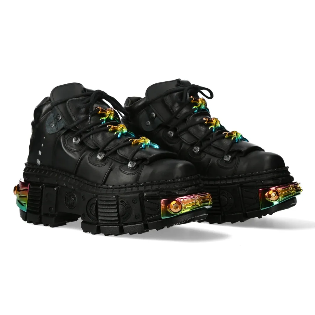 New Rock WALL106-S23 Stivali Neri Unisex Vera Pelle con Piattaforma Emo Goth