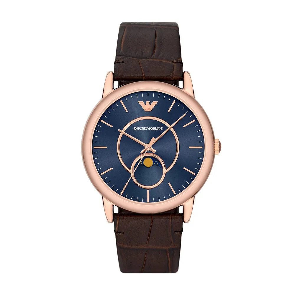 Orologio Al Quarzo Emporio Armani Ar11566 Cassa Rotonda Acciaio Rosato 43 mm Quadrante Blu Cinturino Pelle Marrone