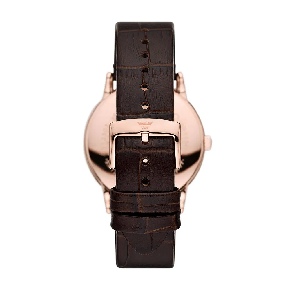 Orologio Al Quarzo Emporio Armani Ar11566 Cassa Rotonda Acciaio Rosato 43 mm Quadrante Blu Cinturino Pelle Marrone