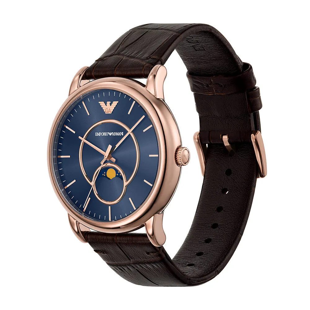 Orologio Al Quarzo Emporio Armani Ar11566 Cassa Rotonda Acciaio Rosato 43 mm Quadrante Blu Cinturino Pelle Marrone