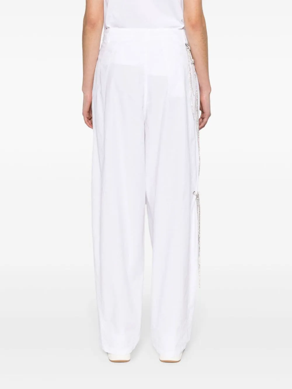 Pantaloni a gamba larga con catena di cristalli in bianco - donna