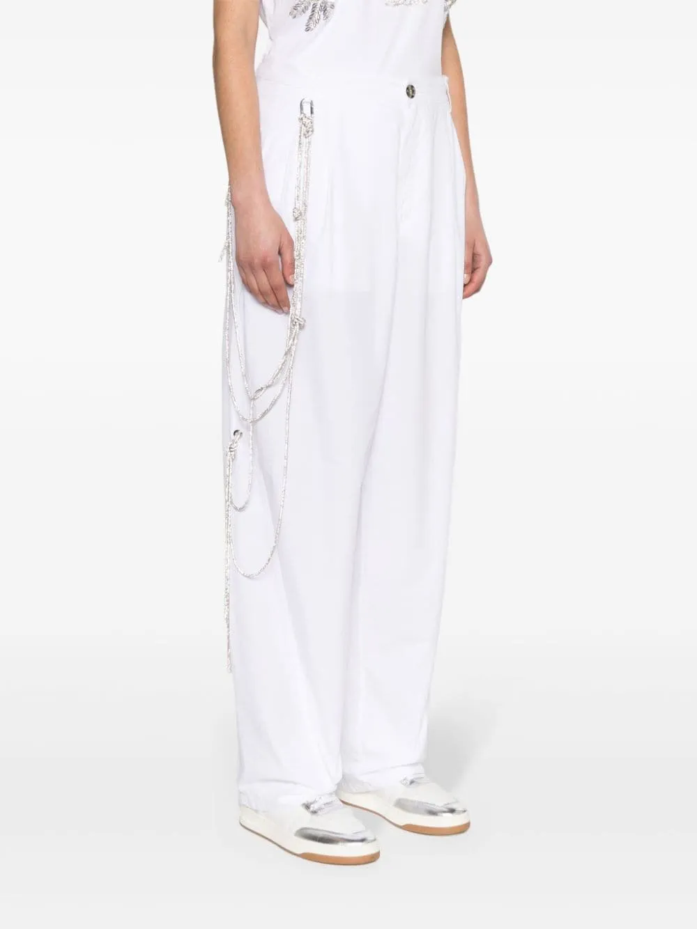 Pantaloni a gamba larga con catena di cristalli in bianco - donna