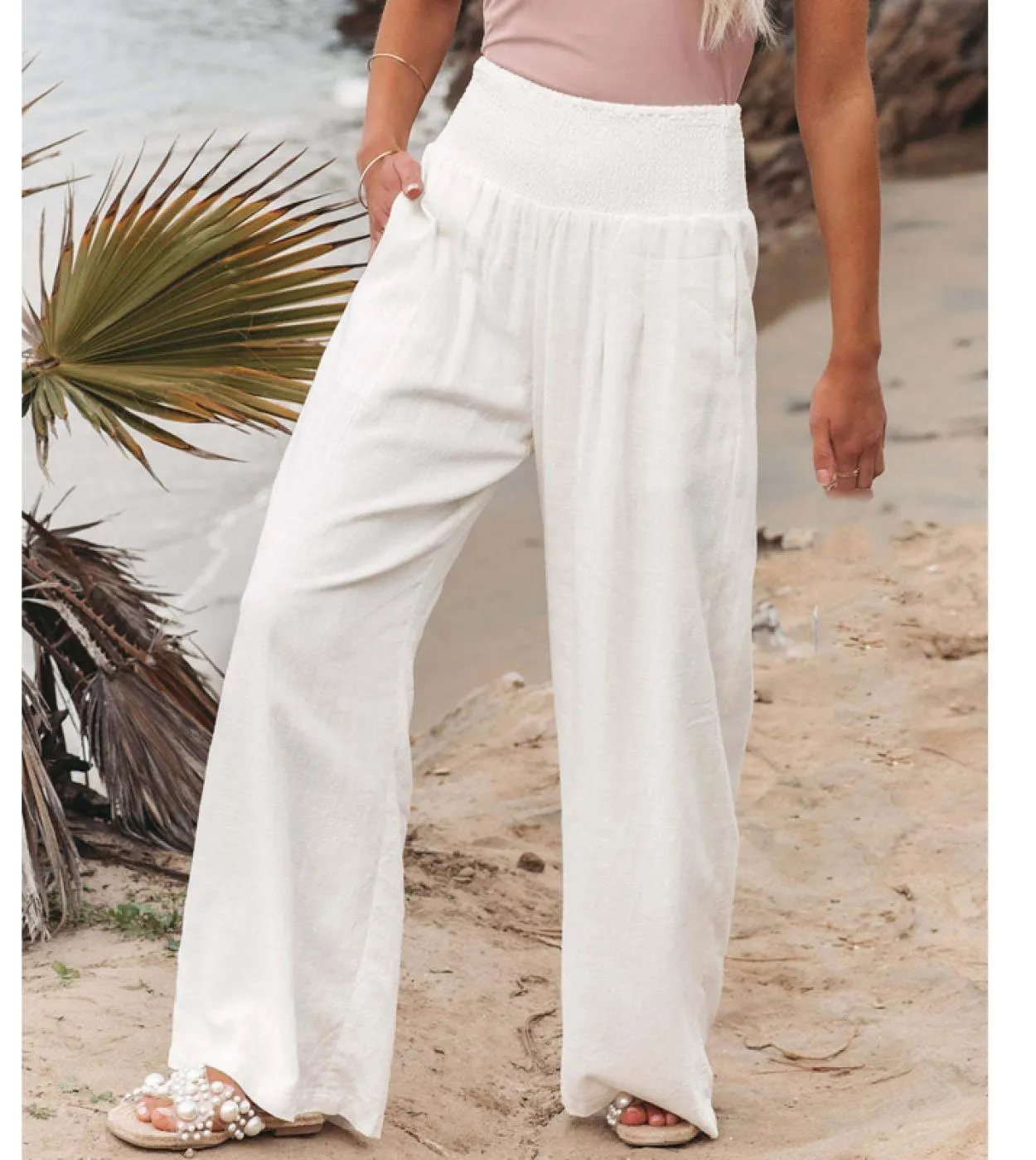 Pantaloni a gamba larga in lino di cotone casual Solid Fashion Summer Loose Ol Style Pantaloni da donna Pantaloni elastici 14 co