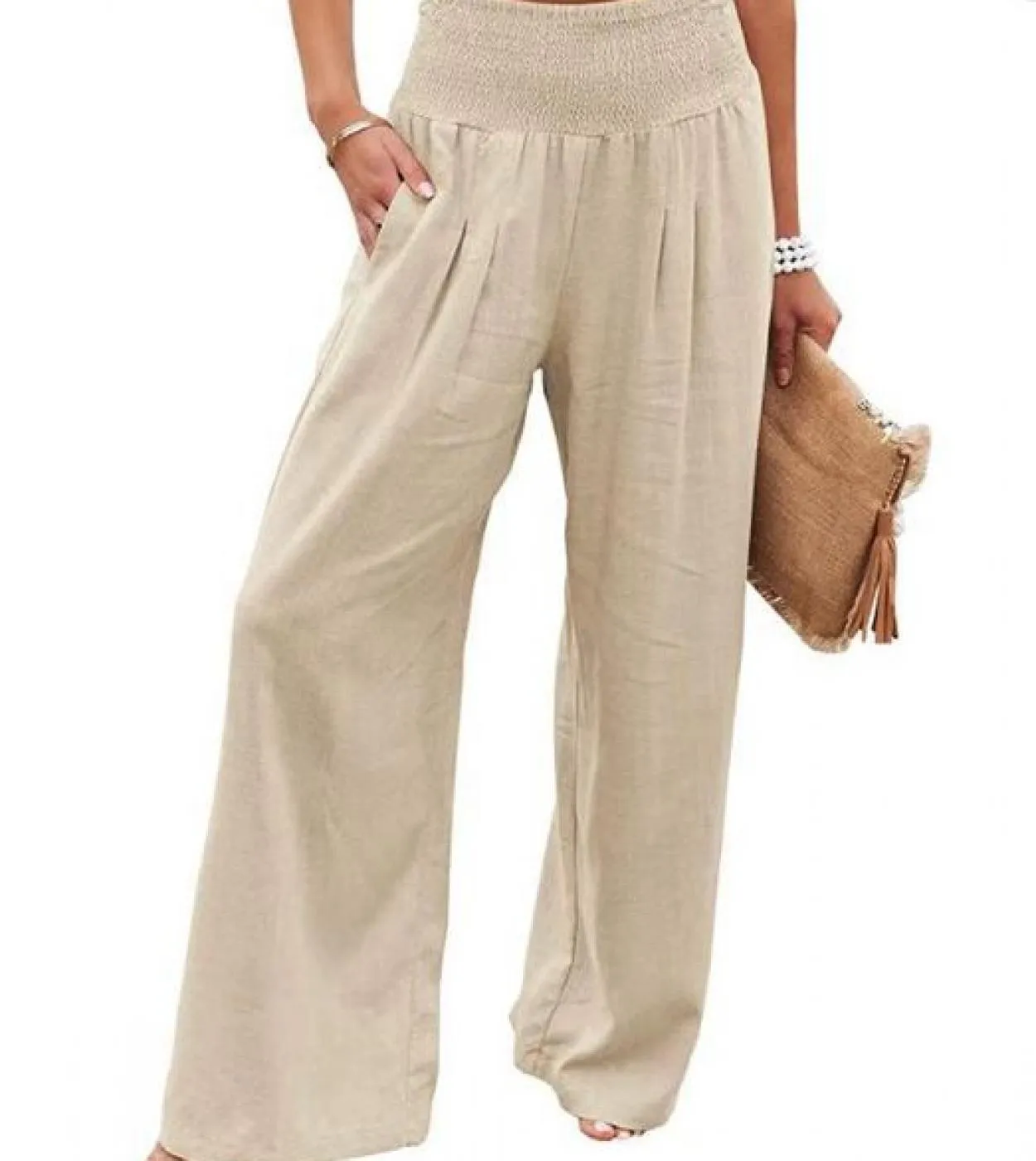 Pantaloni a gamba larga in lino di cotone casual Solid Fashion Summer Loose Ol Style Pantaloni da donna Pantaloni elastici 14 co