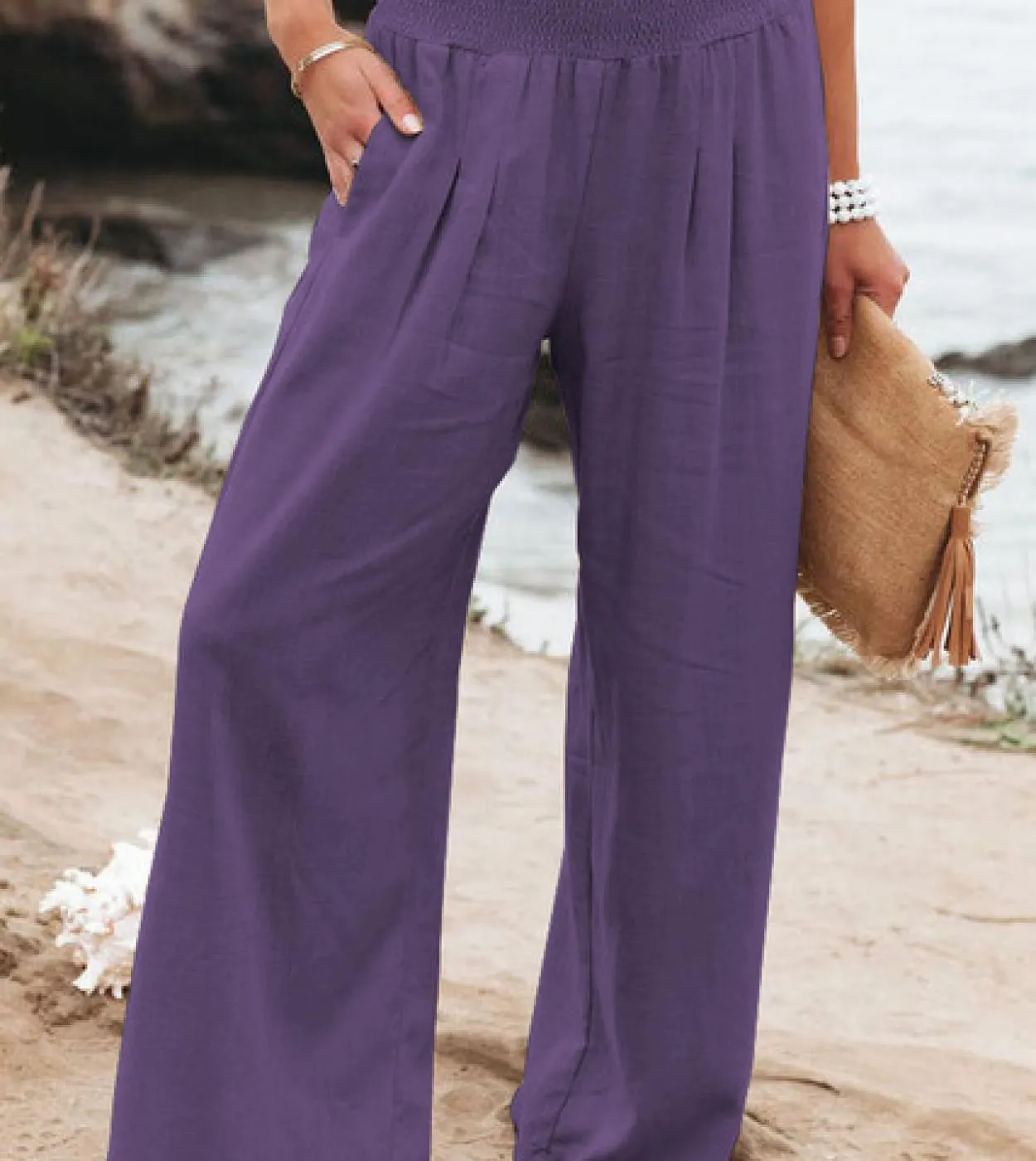 Pantaloni a gamba larga in lino di cotone casual Solid Fashion Summer Loose Ol Style Pantaloni da donna Pantaloni elastici 14 co