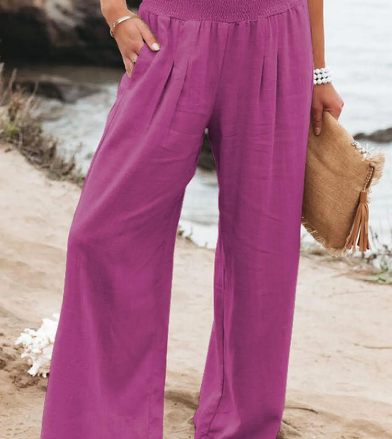 Pantaloni a gamba larga in lino di cotone casual Solid Fashion Summer Loose Ol Style Pantaloni da donna Pantaloni elastici 14 co