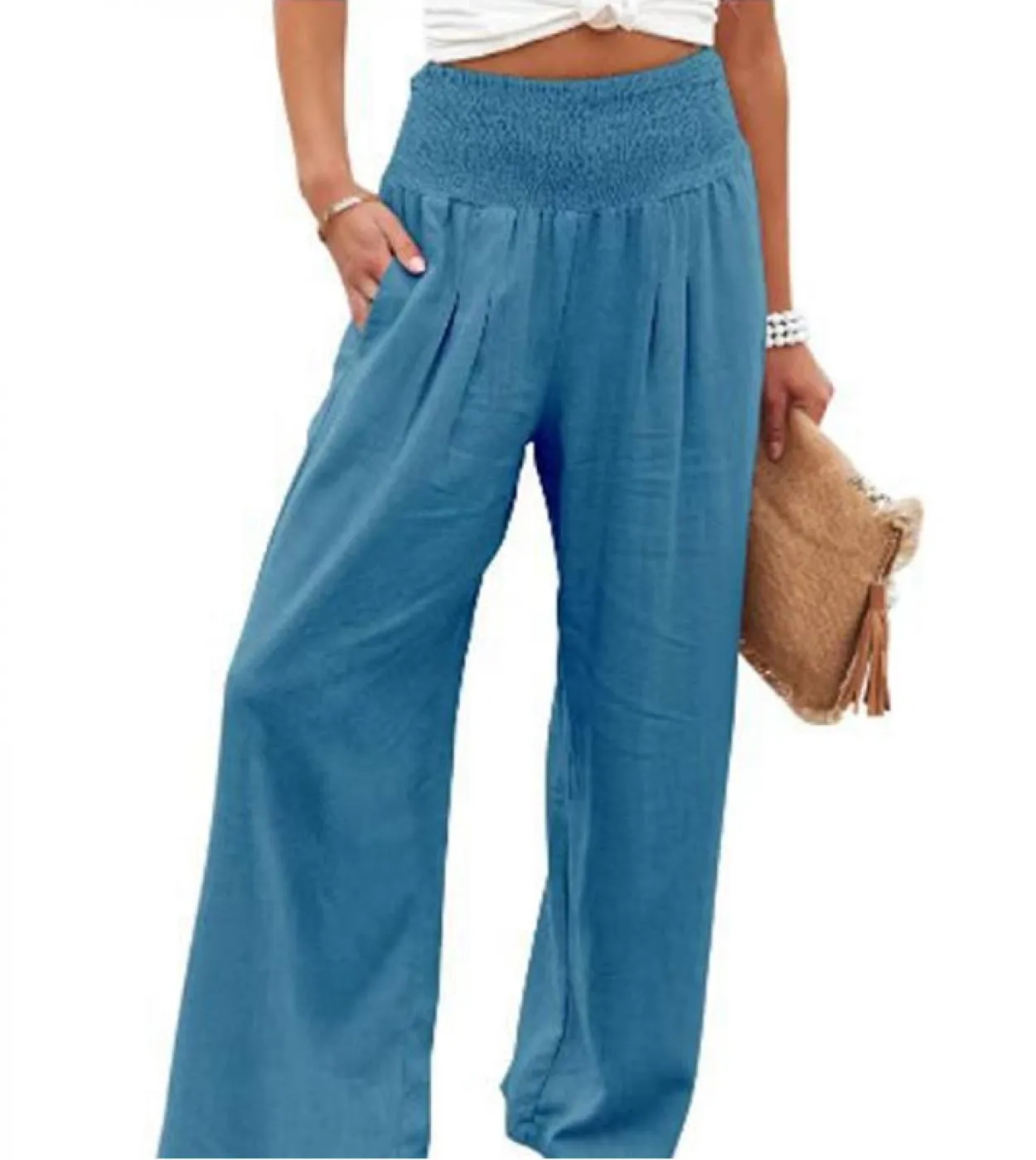Pantaloni a gamba larga in lino di cotone casual Solid Fashion Summer Loose Ol Style Pantaloni da donna Pantaloni elastici 14 co