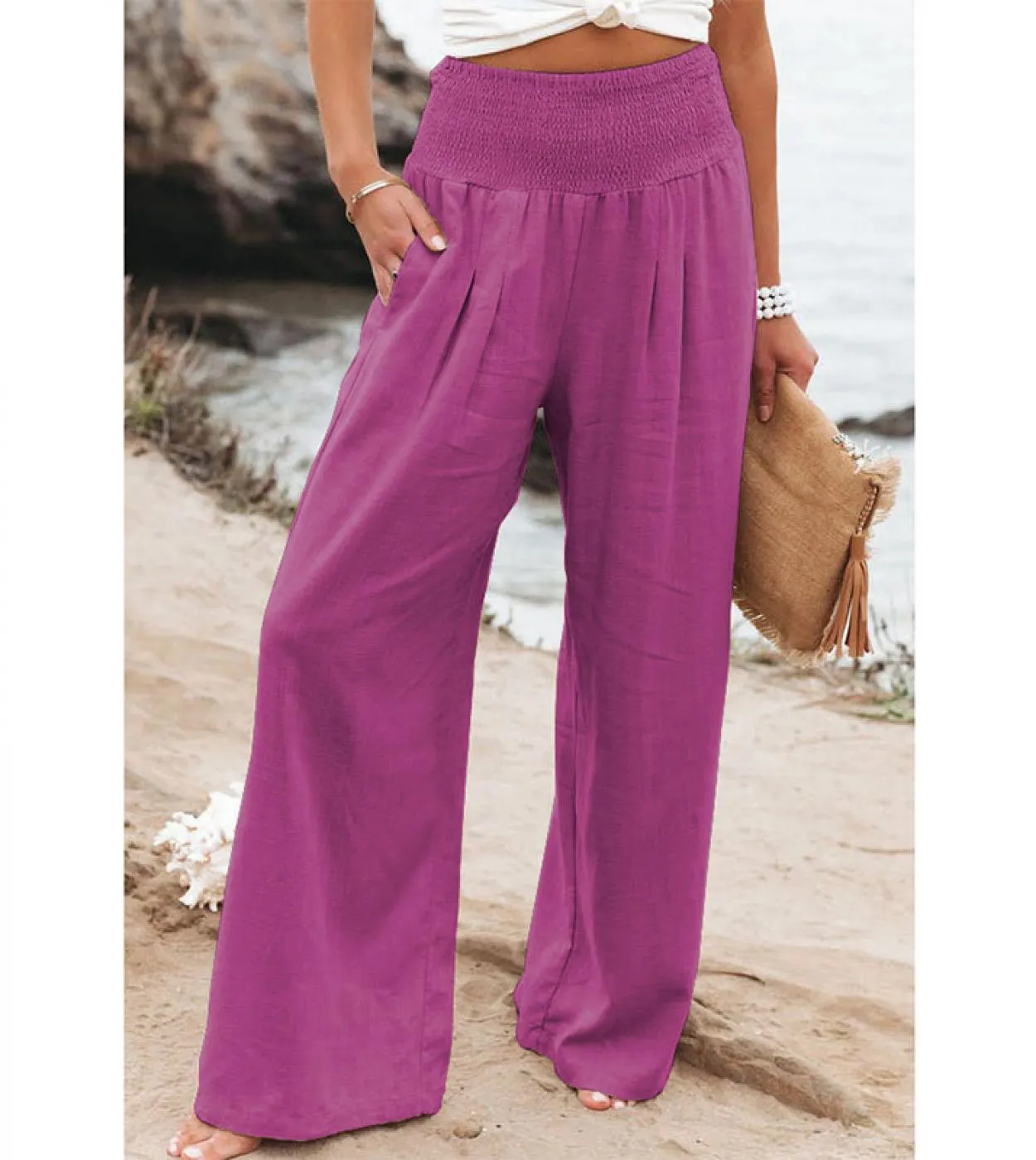 Pantaloni a gamba larga in lino di cotone casual Solid Fashion Summer Loose Ol Style Pantaloni da donna Pantaloni elastici 14 co
