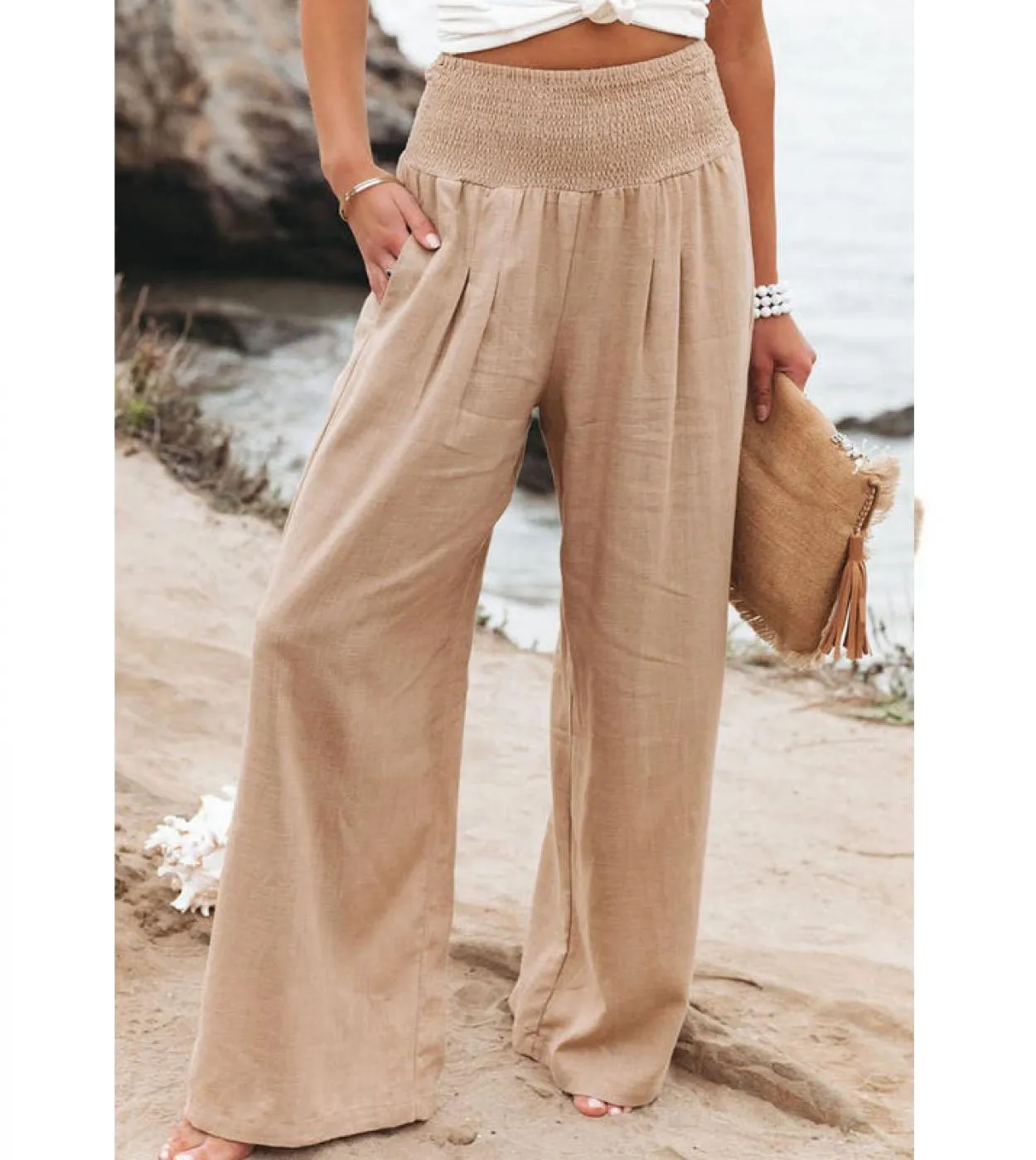 Pantaloni a gamba larga in lino di cotone casual Solid Fashion Summer Loose Ol Style Pantaloni da donna Pantaloni elastici 14 co