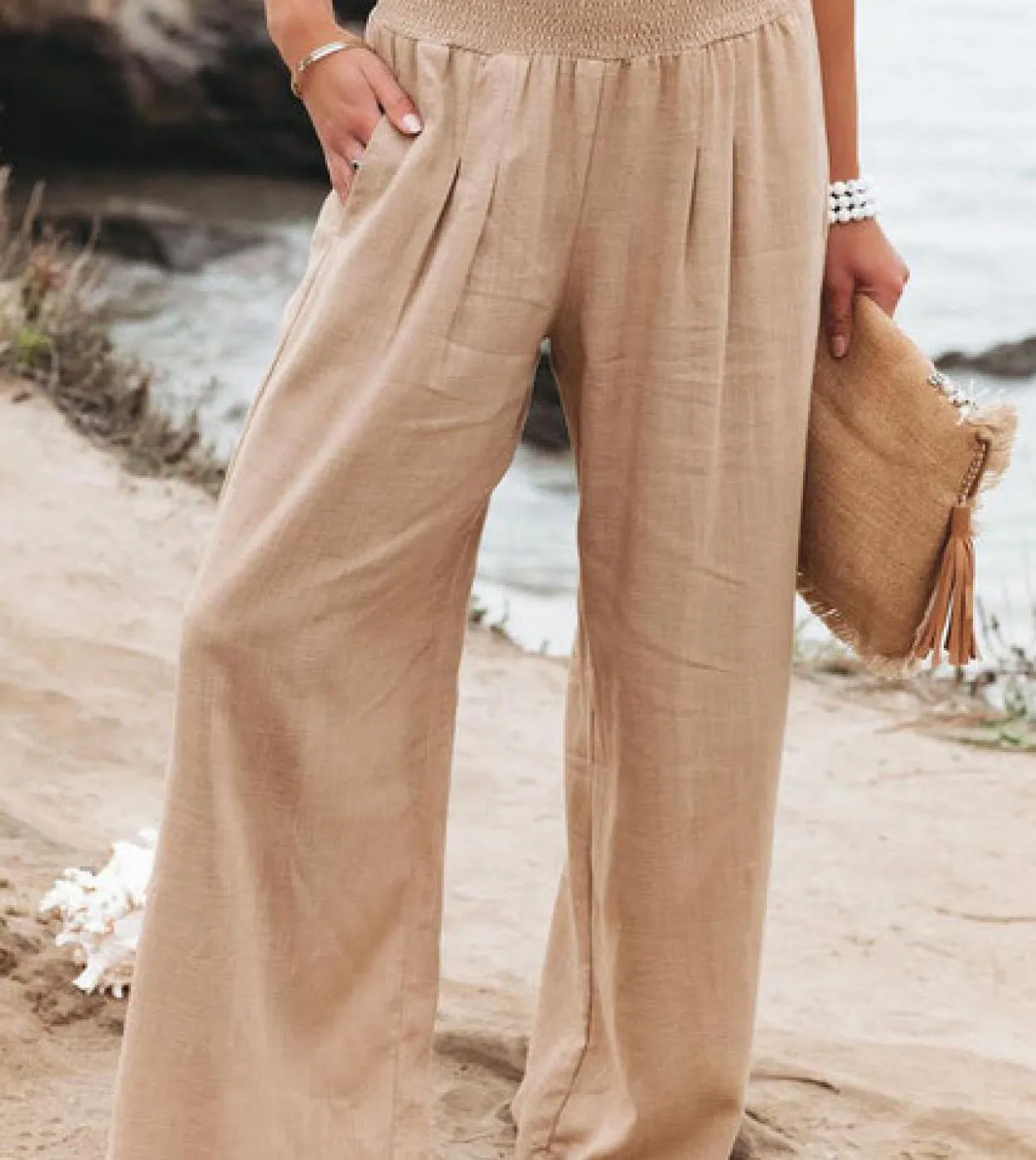 Pantaloni a gamba larga in lino di cotone casual Solid Fashion Summer Loose Ol Style Pantaloni da donna Pantaloni elastici 14 co