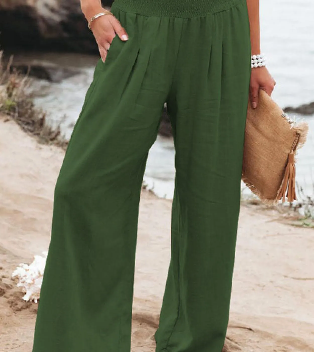 Pantaloni a gamba larga in lino di cotone casual Solid Fashion Summer Loose Ol Style Pantaloni da donna Pantaloni elastici 14 co