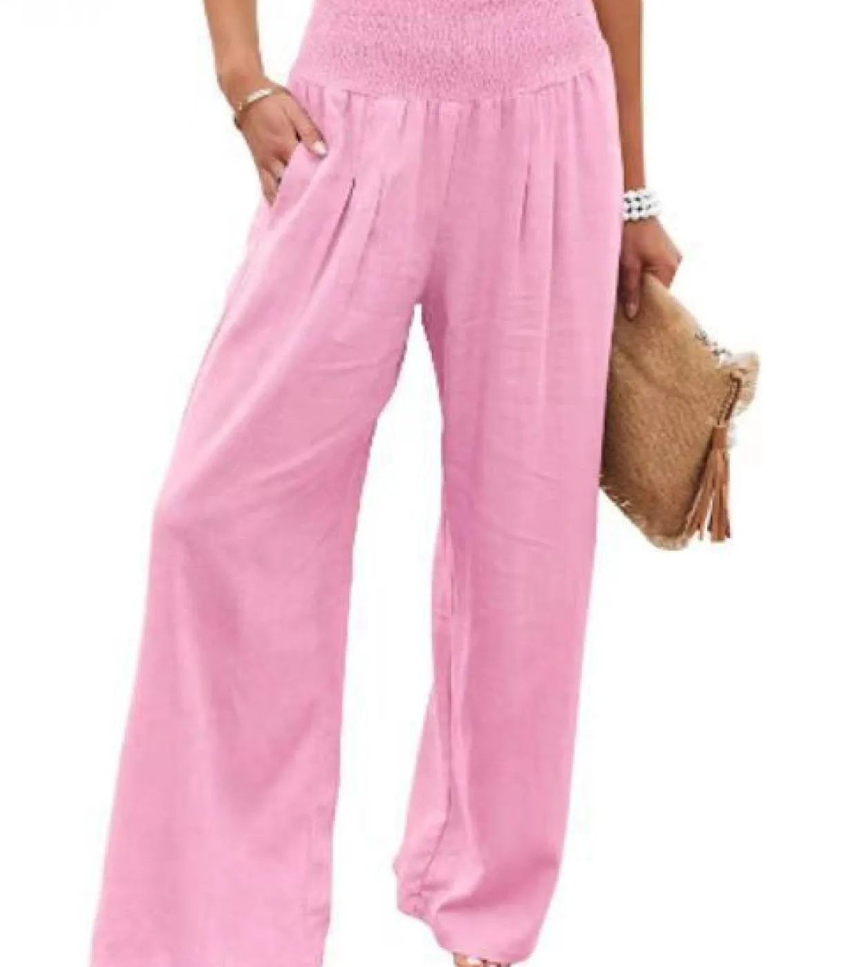 Pantaloni a gamba larga in lino di cotone casual Solid Fashion Summer Loose Ol Style Pantaloni da donna Pantaloni elastici 14 co