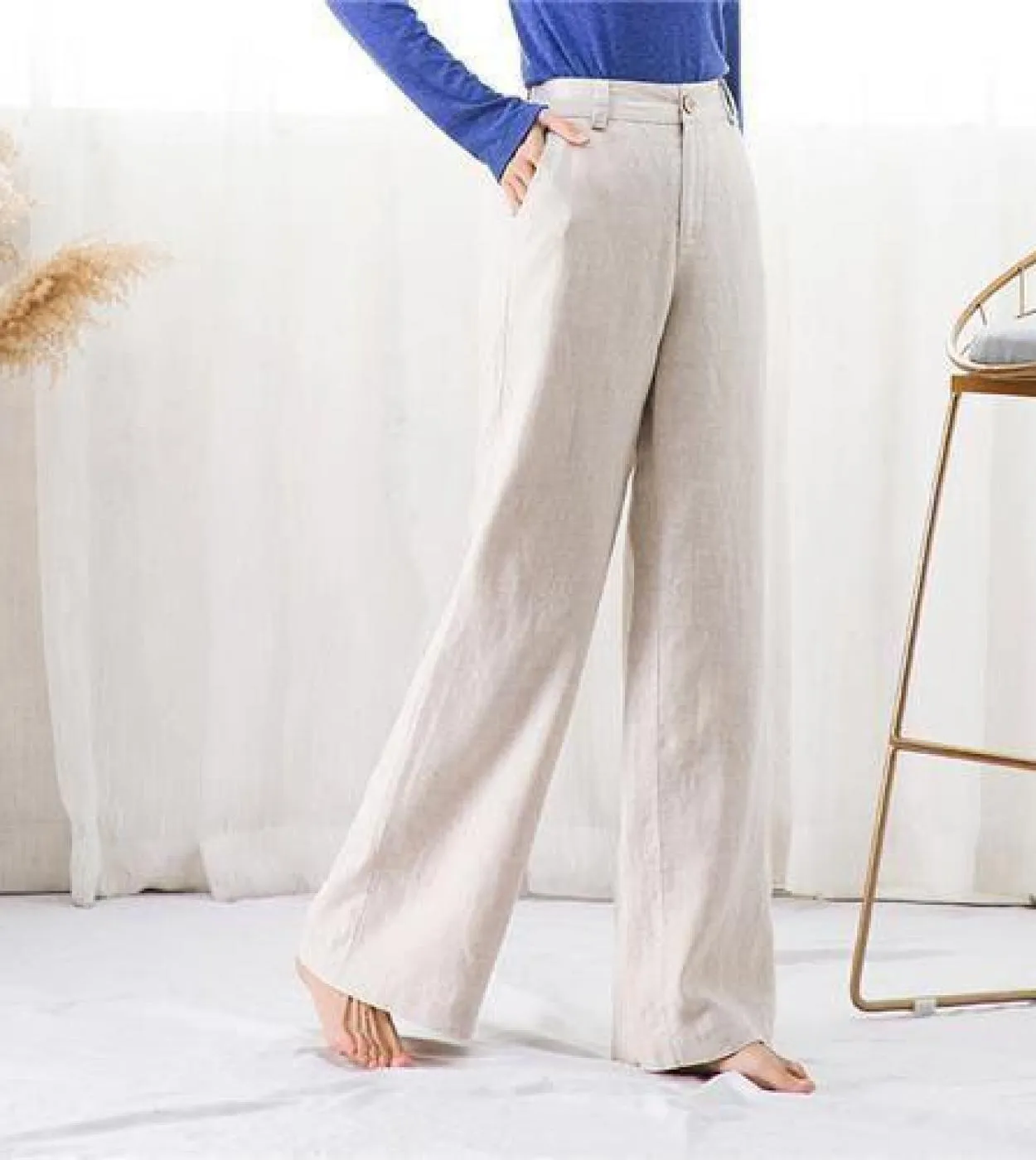 Pantaloni da donna alla moda estiva Taglie forti Pantaloni a gamba larga in lino di cotone sottile a vita alta Pantaloni dritti