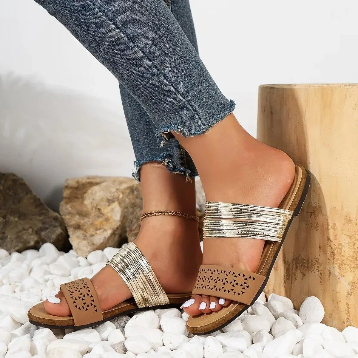 Pantofole da donna Scarpe estive taglie forti con scivolo per donna Scarpe da spiaggia Casual da donna piatte con punta aperta r