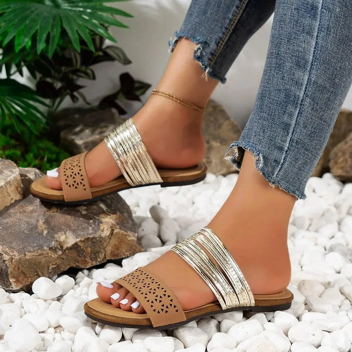 Pantofole da donna Scarpe estive taglie forti con scivolo per donna Scarpe da spiaggia Casual da donna piatte con punta aperta r
