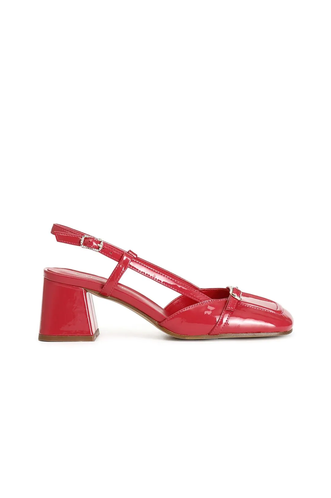 scarpe aperte dietro in vernice con bordo e cinturino fuxia