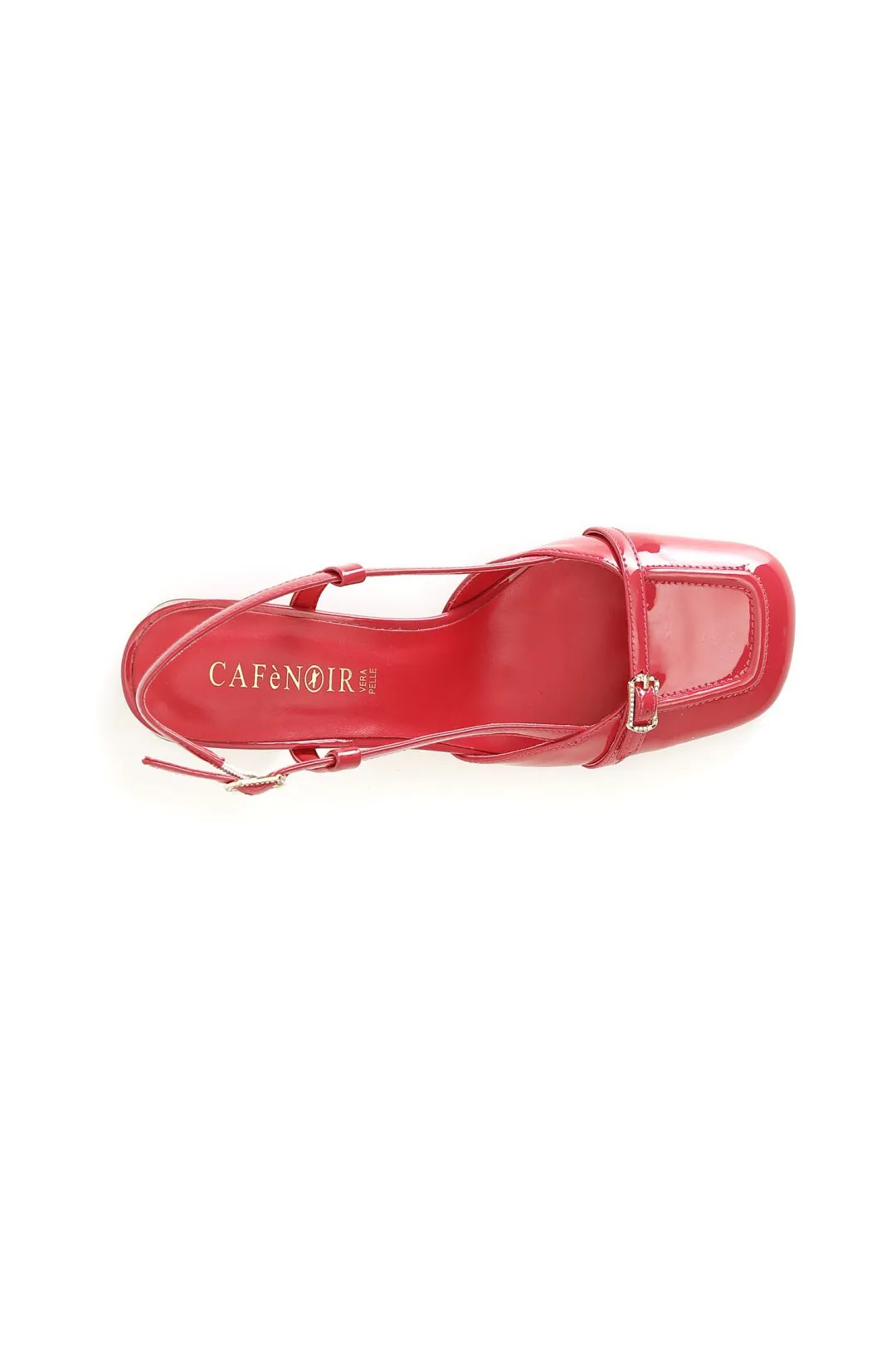 scarpe aperte dietro in vernice con bordo e cinturino fuxia