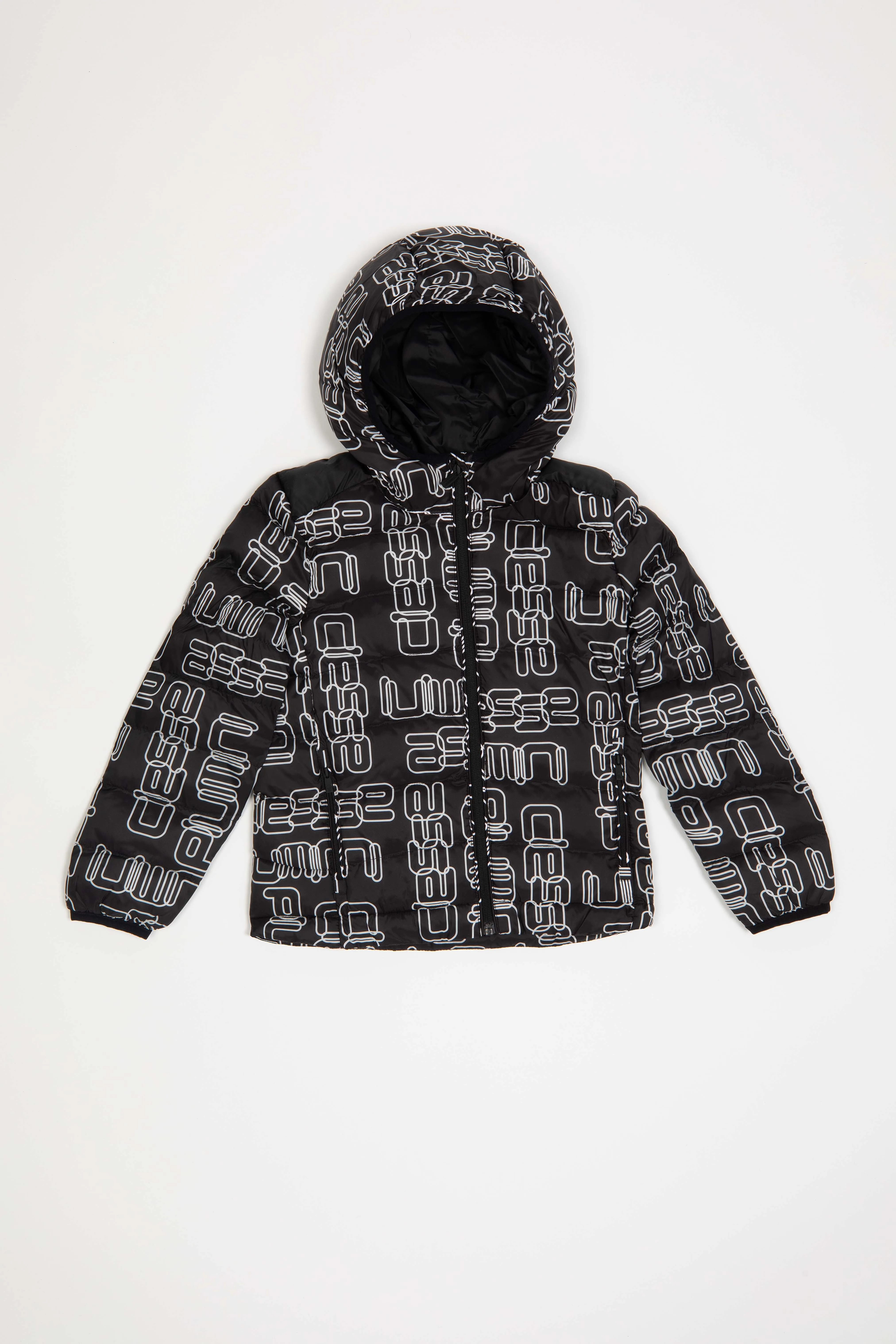STEVEN BOY – Black quilted hoody down jacket with print