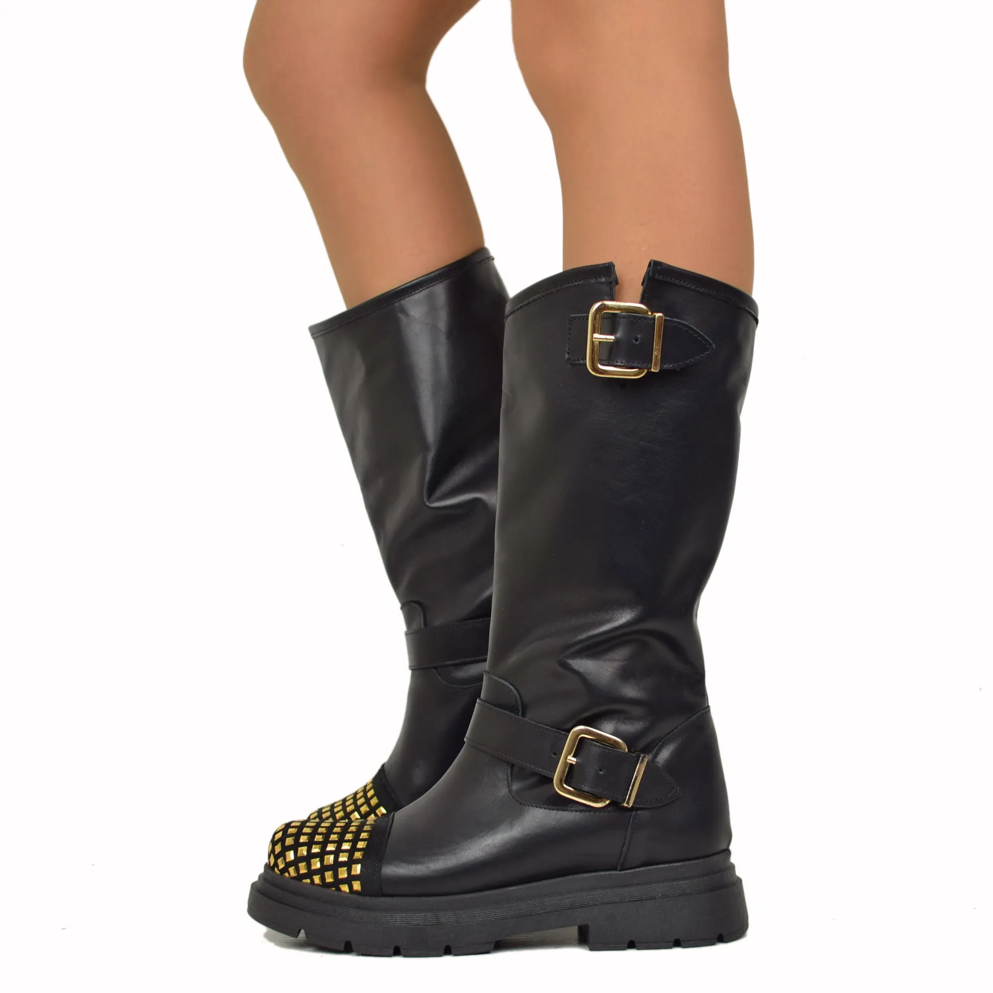 Stivali Biker Donna Neri in Pelle con Borchie in Punta