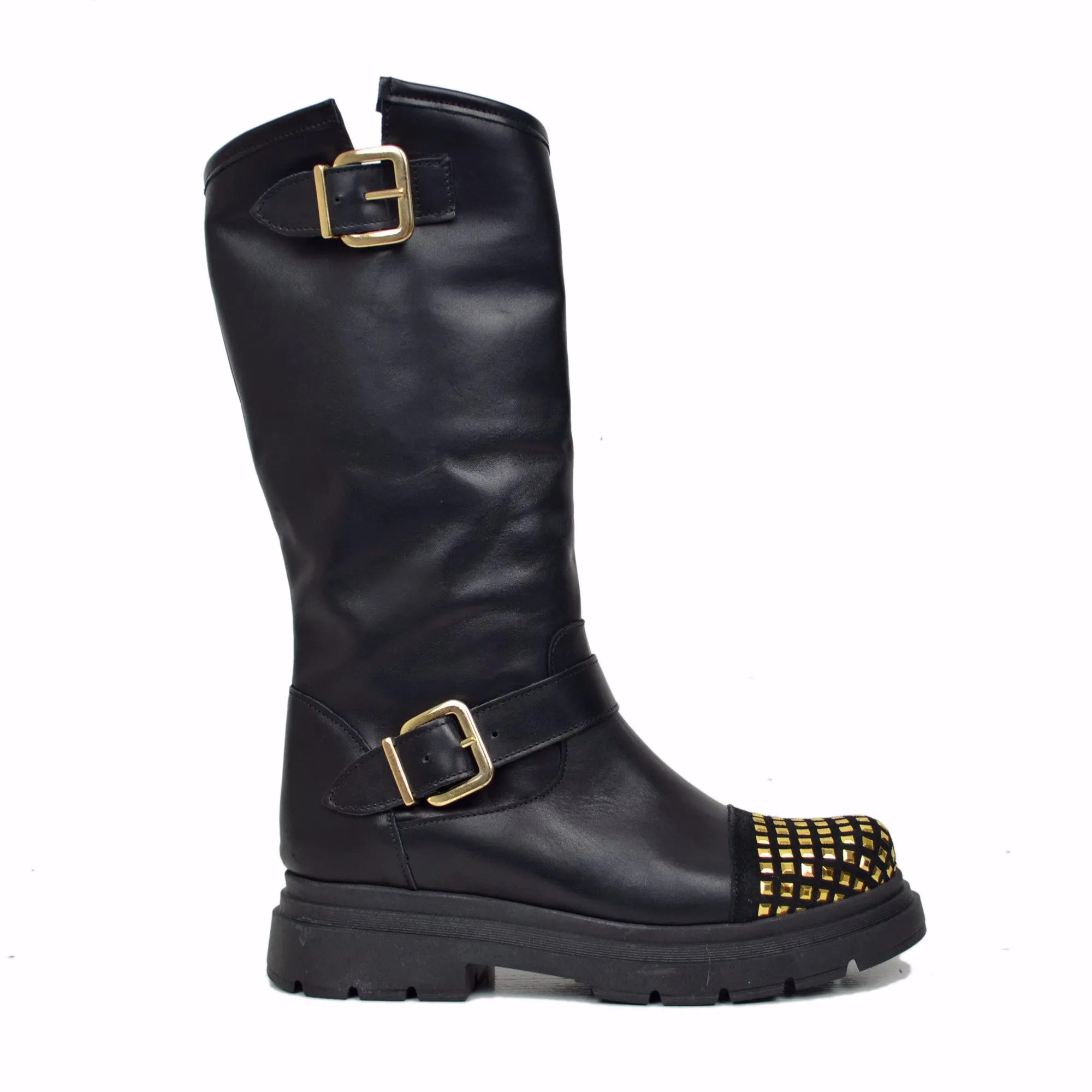 Stivali Biker Donna Neri in Pelle con Borchie in Punta