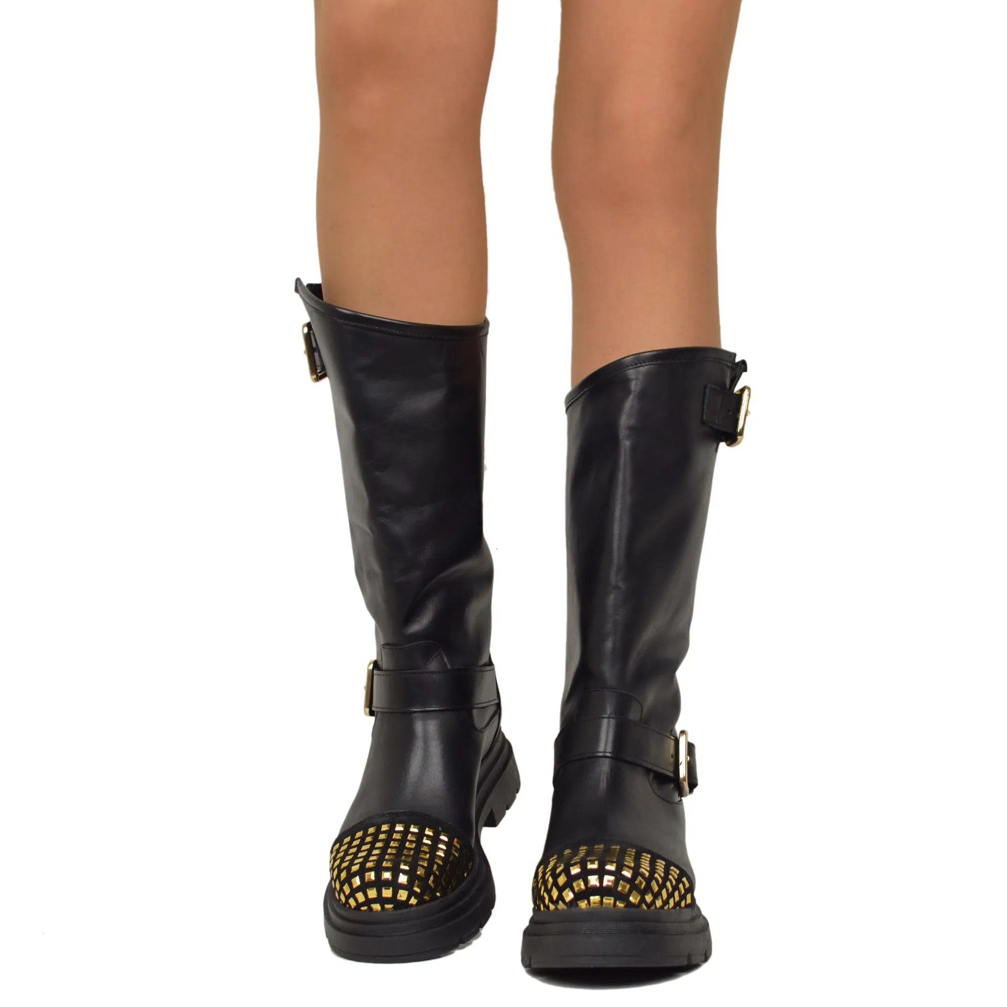 Stivali Biker Donna Neri in Pelle con Borchie in Punta
