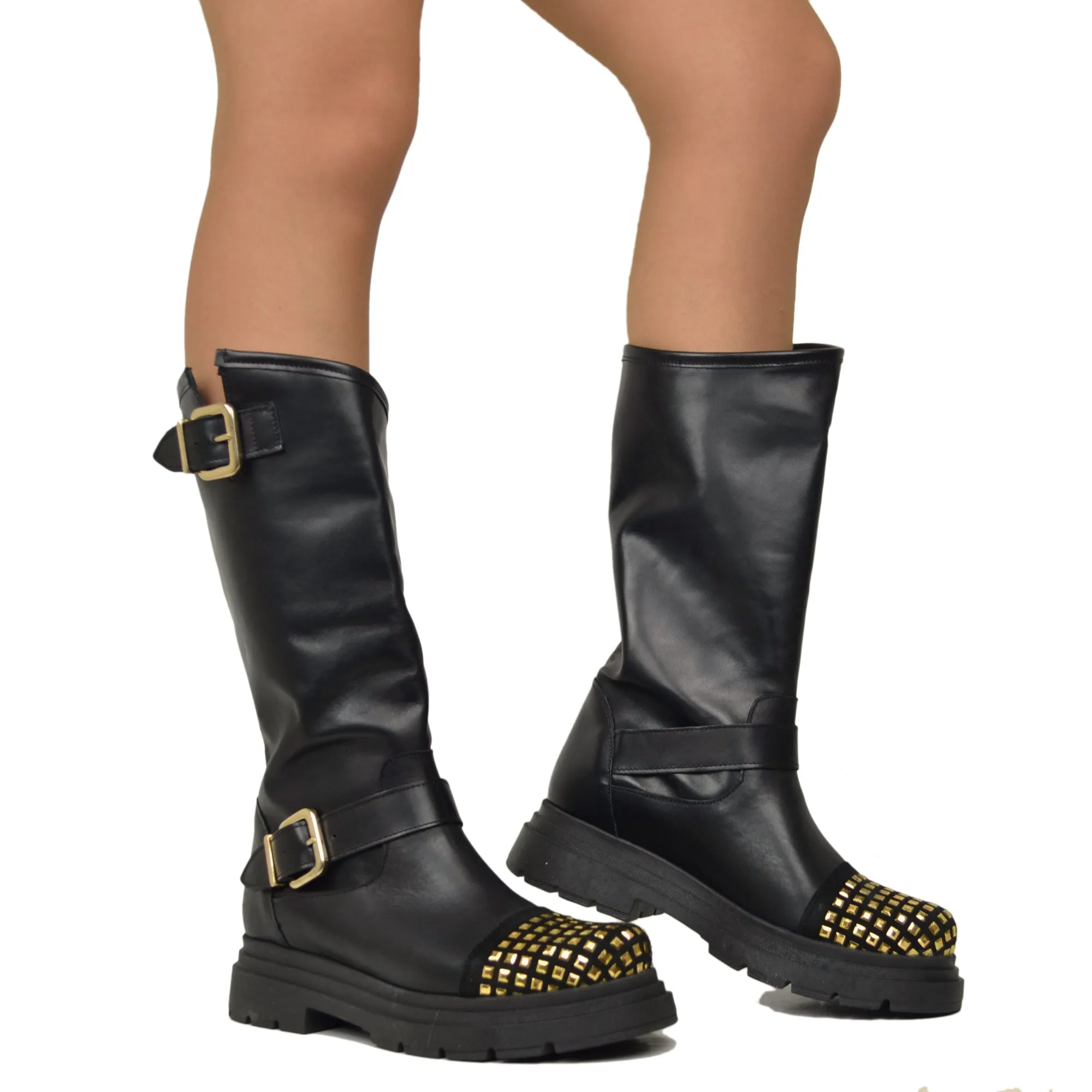 Stivali Biker Donna Neri in Pelle con Borchie in Punta