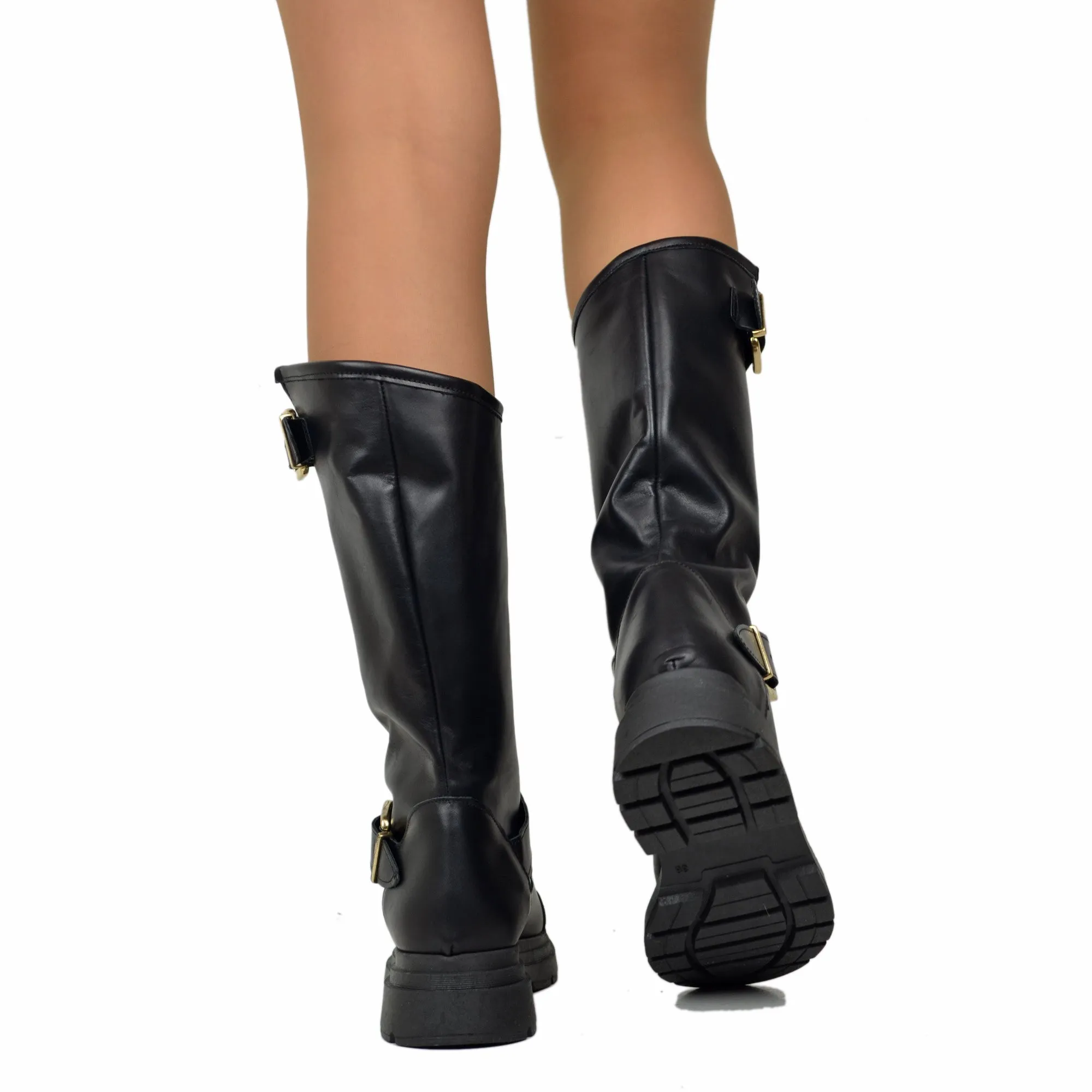 Stivali Biker Donna Neri in Pelle con Borchie in Punta