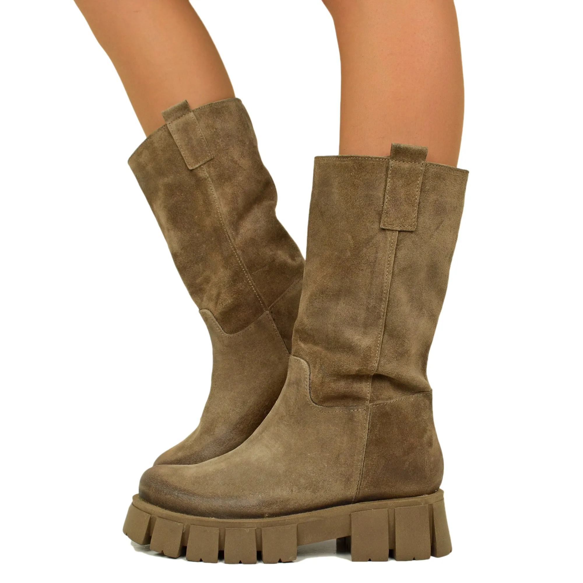 Stivali Biker in Pelle Scamosciata Taupe Made in Italy