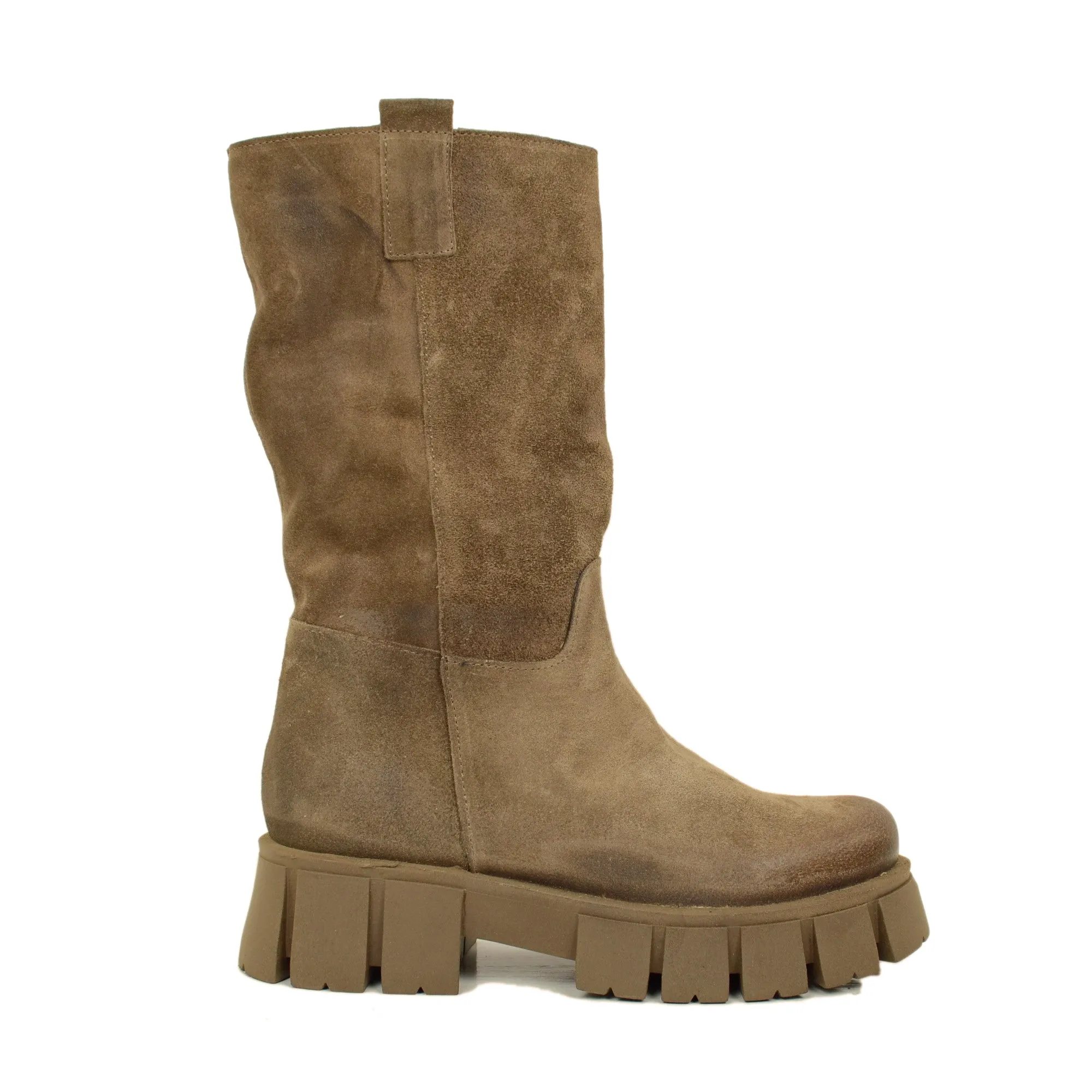 Stivali Biker in Pelle Scamosciata Taupe Made in Italy