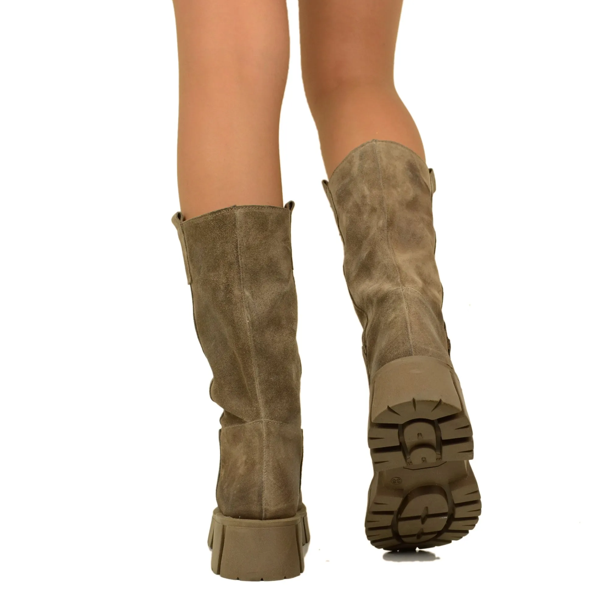 Stivali Biker in Pelle Scamosciata Taupe Made in Italy