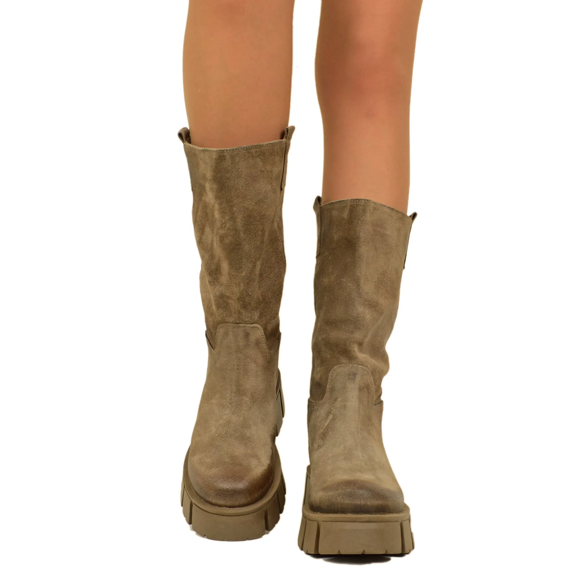 Stivali Biker in Pelle Scamosciata Taupe Made in Italy