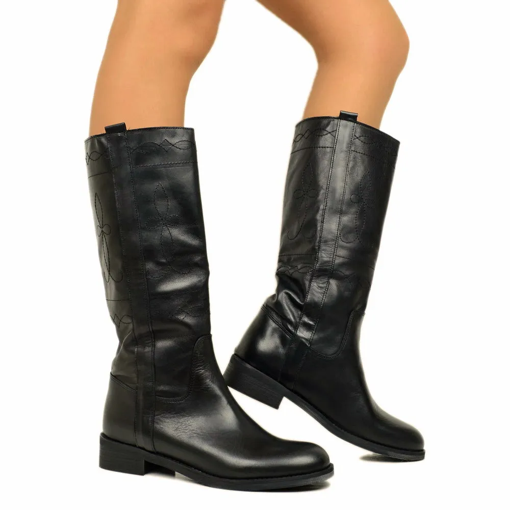 Stivali Camperos Donna in Pelle Neri con Ricami Made in Italy
