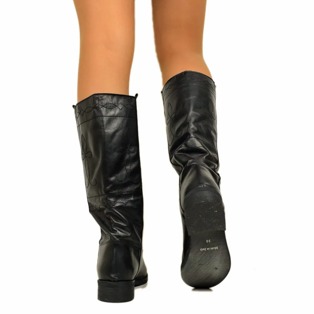 Stivali Camperos Donna in Pelle Neri con Ricami Made in Italy