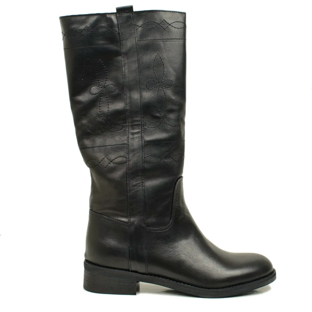 Stivali Camperos Donna in Pelle Neri con Ricami Made in Italy