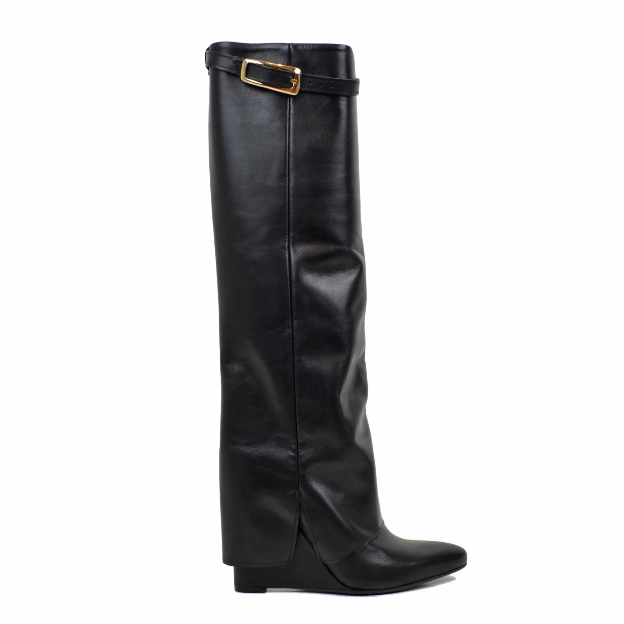 Stivali con Ghetta e Fibbia Dorata Zeppa Alta 9 Cm VERA PELLE