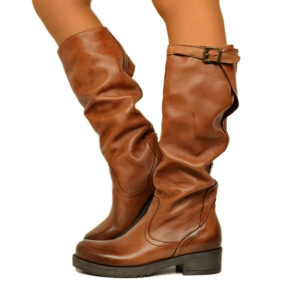 Stivali Donna Biker con Fibbia in Pelle Cuoio Made in Italy