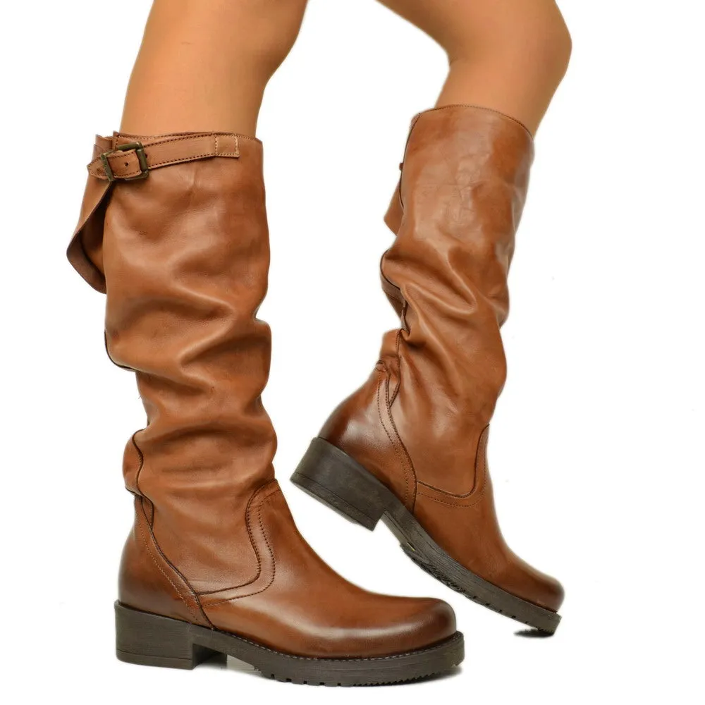 Stivali Donna Biker con Fibbia in Pelle Cuoio Made in Italy