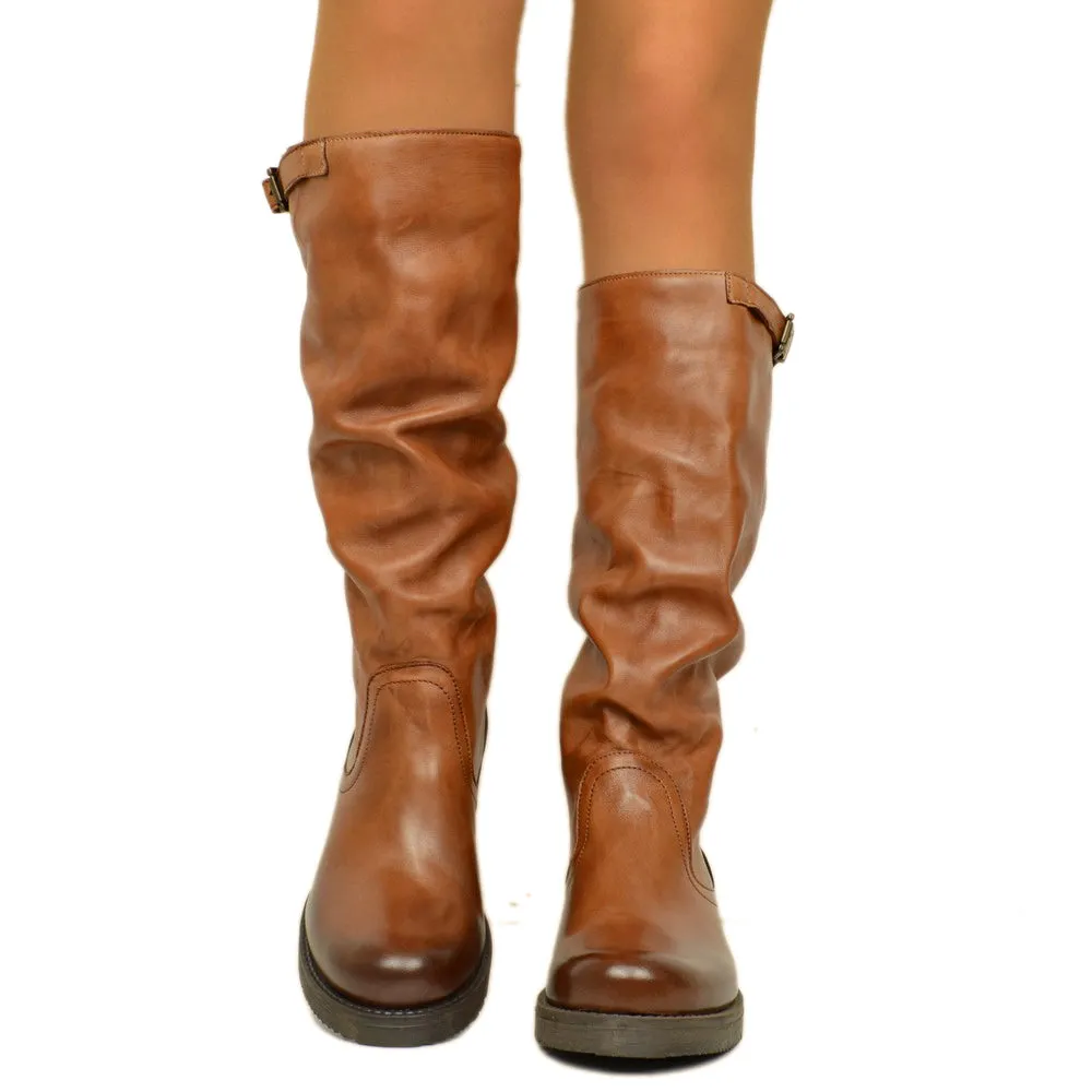 Stivali Donna Biker con Fibbia in Pelle Cuoio Made in Italy