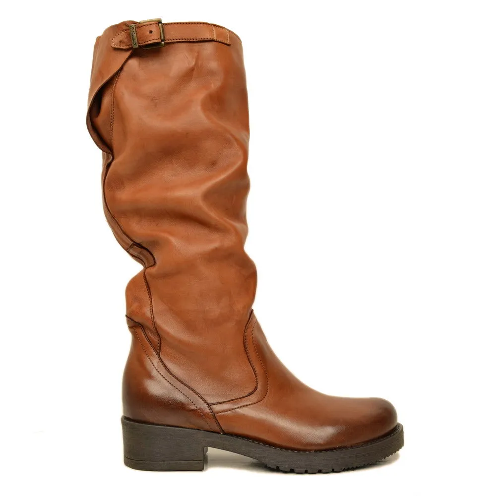 Stivali Donna Biker con Fibbia in Pelle Cuoio Made in Italy