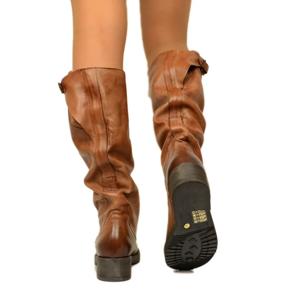 Stivali Donna Biker con Fibbia in Pelle Cuoio Made in Italy