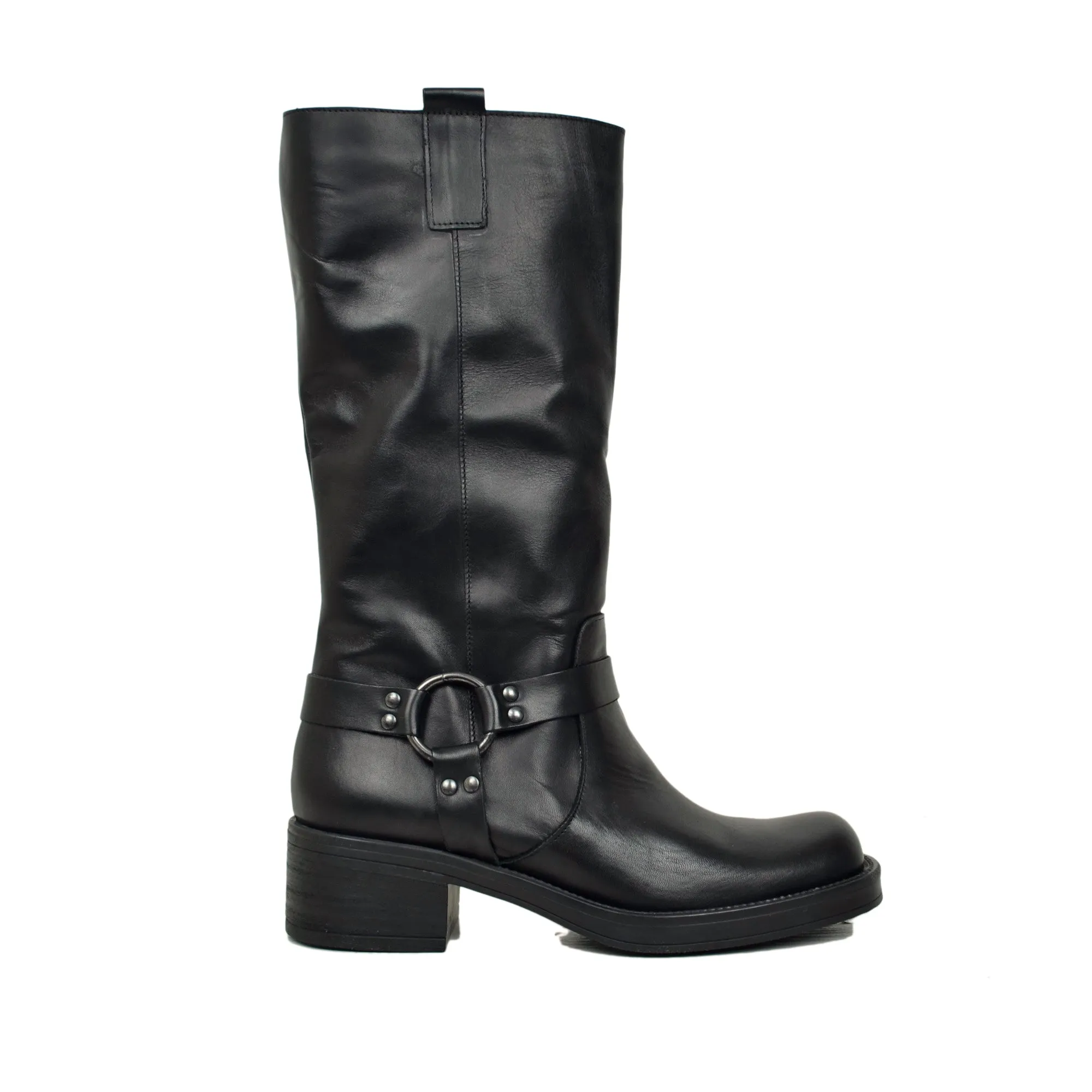 Stivali Donna Biker in Pelle Neri Punta Squadrata con Fibbia